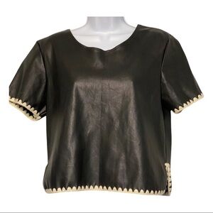 Zara Black Faux Leather Crop Top with Cream Trim